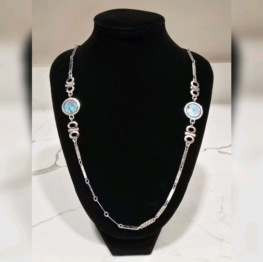 30" Long Vintage 1970s Signed Sarah Coventry Silver Tone Faux Turquoise Necklace